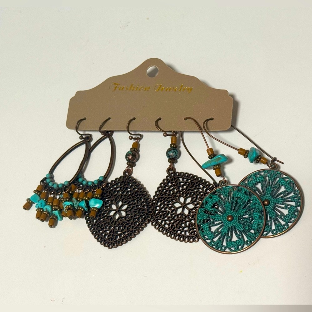 Turquoise and Brown Fashion Earrings Set - Picture 2 of 6